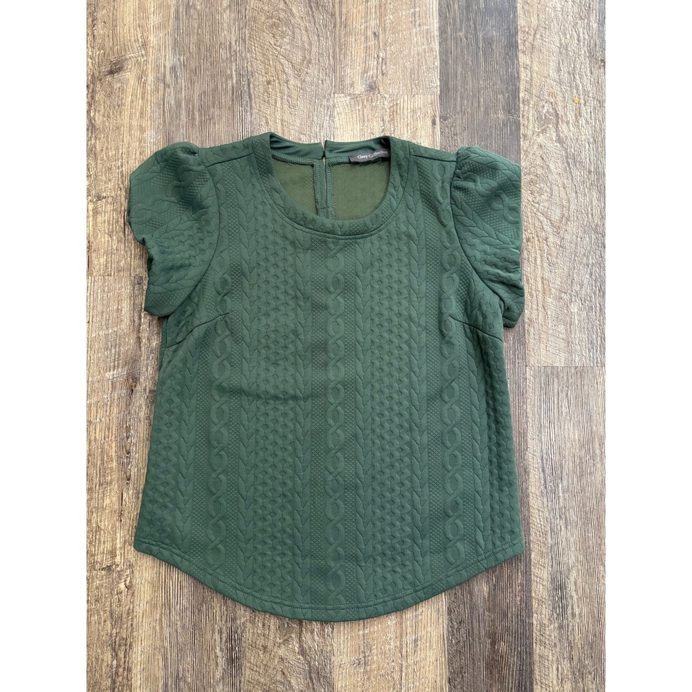 Grey Collective Womens Hunter Green Textured Cable Knit Puff Sleeve Top Blouse
